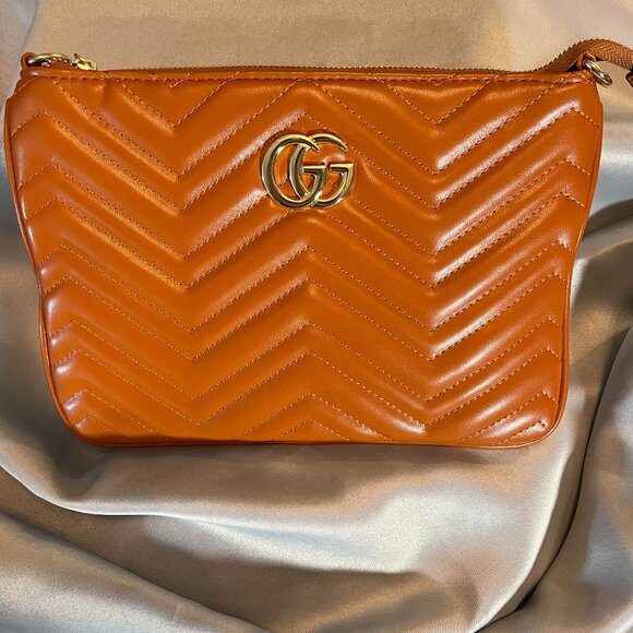 Gucci Handbags - Gucci Marmont Quilted Calfskin Chevron Leather Cognac Crossbody Clutch Wristlet